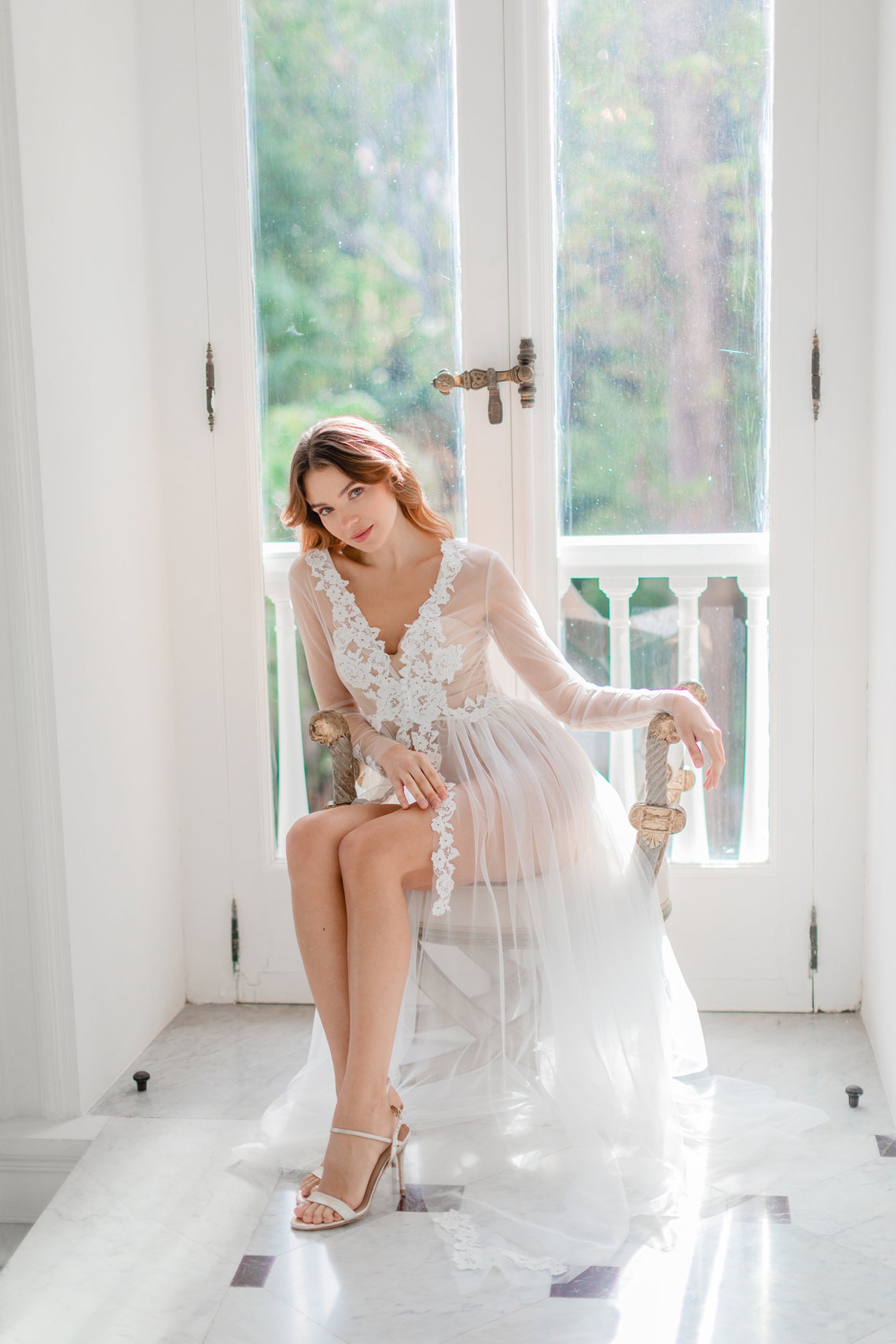 Long Lace Bridal Robe, Boudoir Robe, Sheer Bridal Robe, Maxi Bride Robe ...