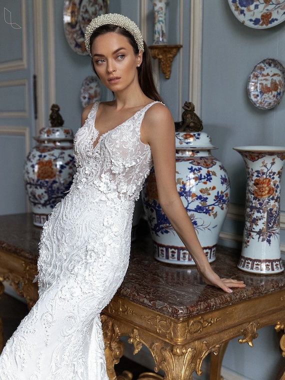 Embellished Pearl Lace Bridal Headband in White Crochet Pearl Bridal Headpiece: Ivory Beaded Wedding  main image 4