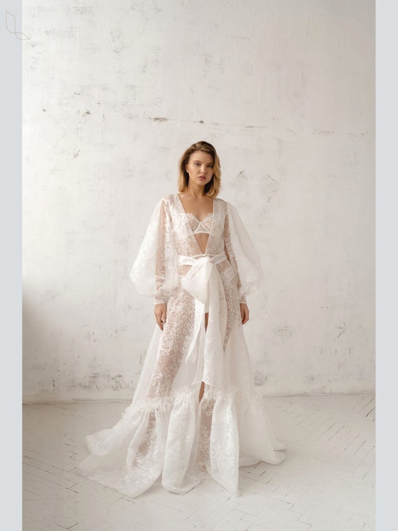 Organza Boudoir Dress Detachable Organza Wedding Duster Cape Ivory Bridal Robe Wedding Dress Cape With Volume Sleeves Sheer Cover up Etsy