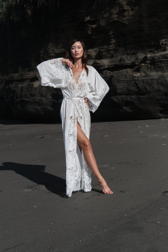 Bridal kimono, Lace Trim Maxi , Lace Bridal Robe, Bridesmaid Robes, gown, Bride Robe, Bridal Party Robes