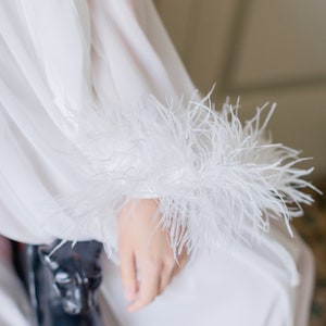Ivory boudoir gown, Bride robe with feather sleeves, Long chiffon dress, Bridal lace robe, Dressing gown Sheer robe, Bridesmaid robes image 6