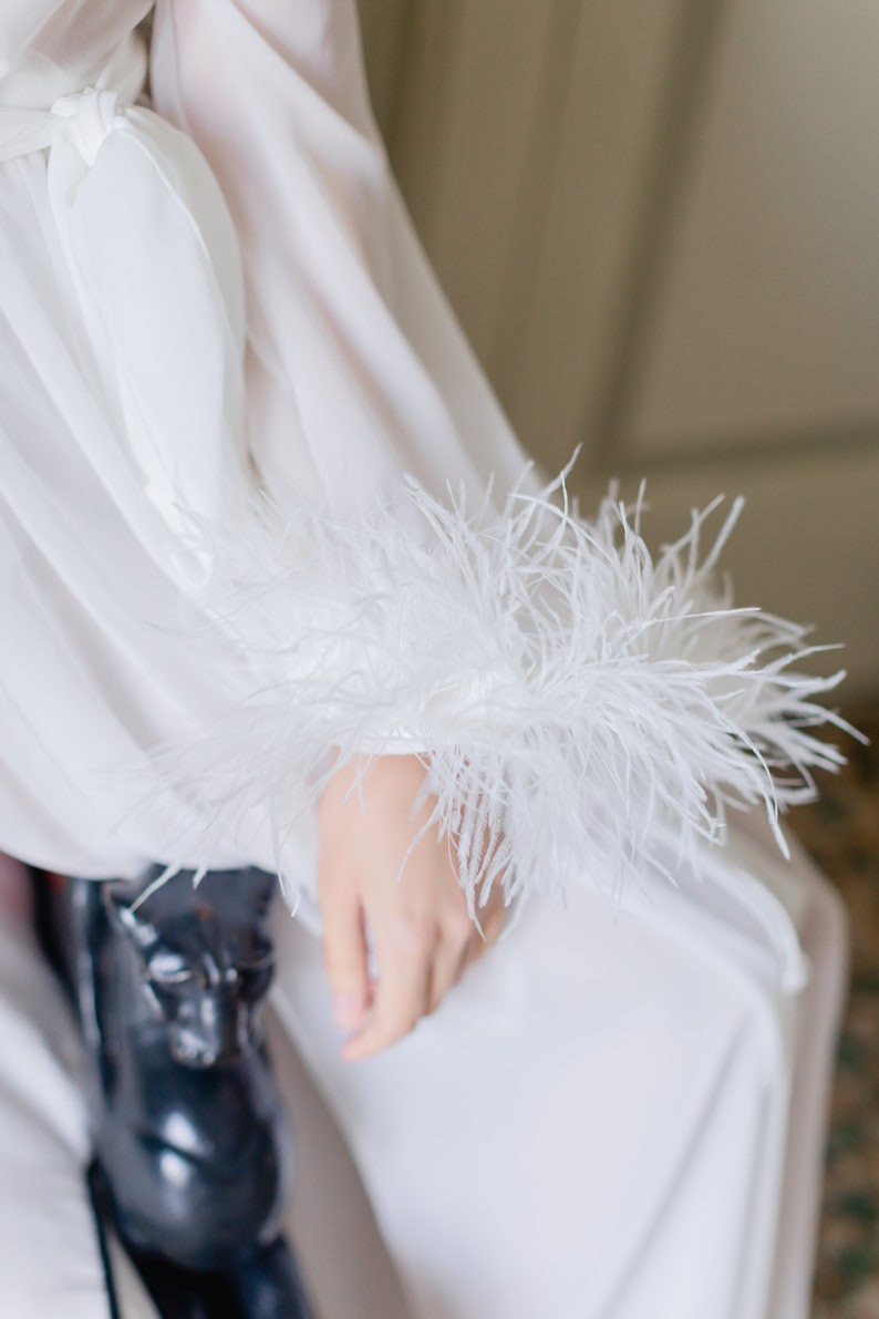 Ivory boudoir gown, Bride robe with feather sleeves, Long chiffon dress, Bridal lace robe, Dressing gown Sheer robe, Bridesmaid robes image 6