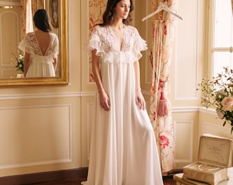 Sheer Lace Bridal Boudoir Dress, Custom Long Wedding Getting Ready Gown, Bridal Photo Shoot Dress