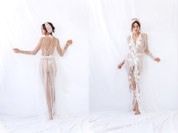 Sheer robe, Bridal robe long robe, See through robe, Bridal robe chiffon, Dressing robes, Lingerie robe, Boudoir lingerie robe gown, lace