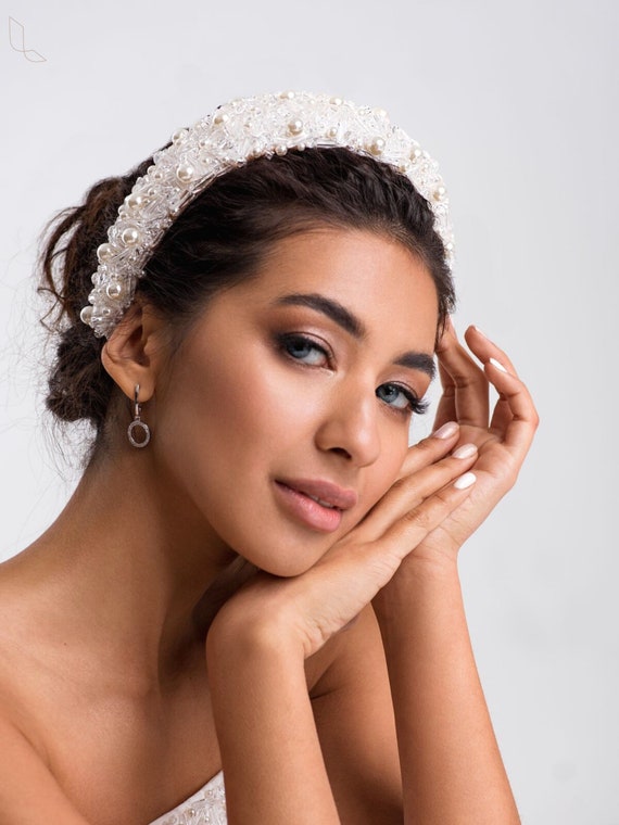 White Pearl Velvet Padded Headband, Large Matador Thick Headband