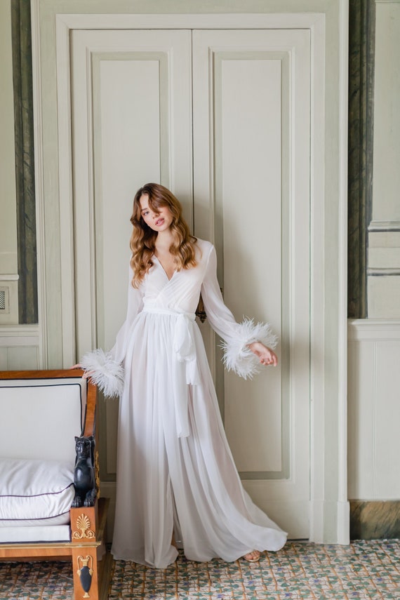 white christmas dresses Silk Chiffon Dressing Robe with Corded Lace