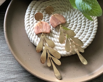 Rose gold earrings, Clay earrings, Lightweight earrings, statement earrings, party earrings, gold earrings, gold leaf earrings