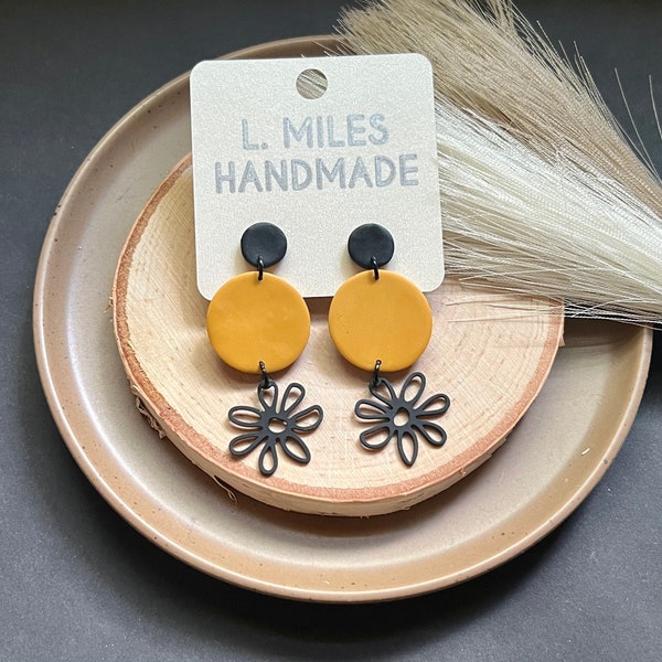 Yellow and black flower earrings, fall earrings, jewelry gift, flower earrings