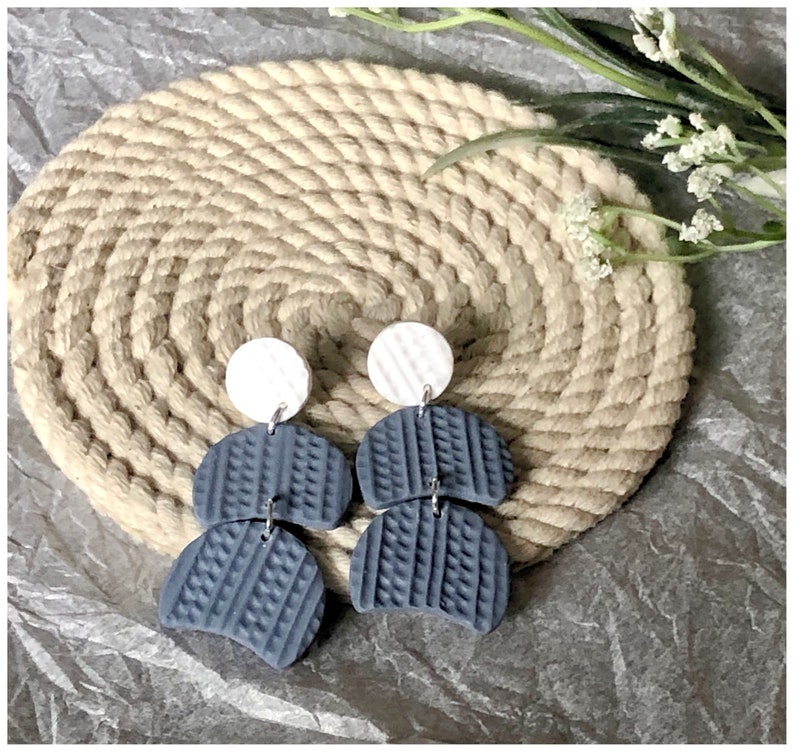 Blue and white clay earrings Fall Earrings lightweight earrings dangle earrings textured earrings image 9