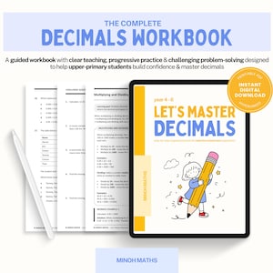 May include: A digital workbook titled The Complete Decimals Workbook and Let's Master Decimals for years 4-6, featuring math practice pages with decimal problems, a white stylus, and a yellow circular badge indicating a printable PDF download.