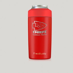 May include: Red insulated can cooler with a silver Kansas City Chiefs logo and the text "CHIEFS" and "Custom Name". The cooler also has the text "FrostBuddy" on the bottom.