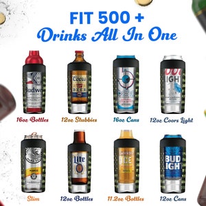 K&ouml;nnte beinhalten: Eine Collage aus verschiedenen Getr&auml;nkedosen, darunter Dosen, Flaschen und Stubby-Flaschen, die alle mit einem schwarzen und gr&uuml;nen Musterk&uuml;hler ausgestattet sind. Der Text "FIT 500+ Drinks All In One" ist oben im Bild zu sehen.