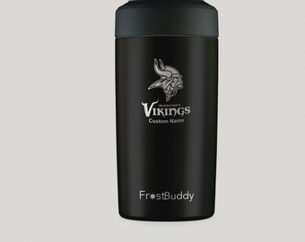 May include: Black can cooler with a silver rim and the Minnesota Vikings logo. The logo features a Viking head and the word "Vikings" below it. The text "Custom Name" is below the word "Vikings". The brand name "FrostBuddy" is at the bottom.
