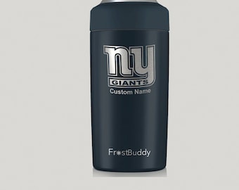 May include: A navy blue insulated can holder with a silver New York Giants logo and the text "Giants" and "Custom Name". The bottom of the holder says "FrostBuddy".