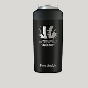 May include: Black insulated can cooler with a silver Cincinnati Bengals logo and the text "Cincinnati Bengals Custom Name" and "FrostBuddy".