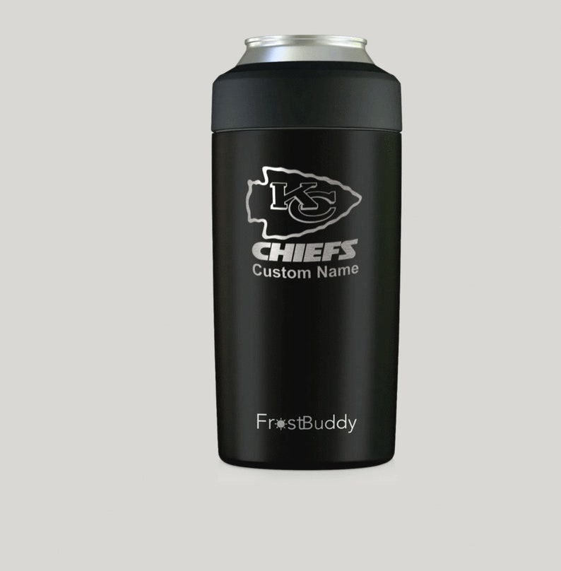 May include: Black stainless steel insulated can cooler with a silver Kansas City Chiefs logo and the text "CHIEFS Custom Name" and "FrostBuddy".