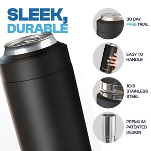 May include: A black insulated can cooler with a silver rim, designed to keep beverages cold. The text "SLEEK, DURABLE" is displayed in blue. Additional details include "30 DAY FREE TRIAL", "EASY TO HANDLE", "18/8 STAINLESS STEEL", and "PREMIUM PATENTED DESIGN".