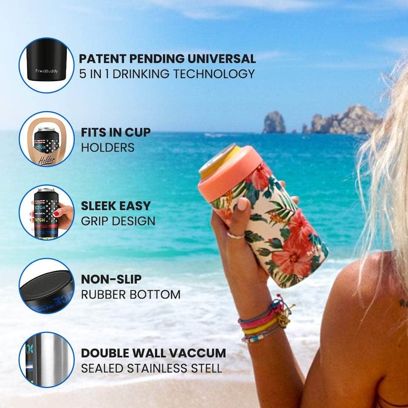 K&ouml;nnte beinhalten: Ein Edelstahl-Getr&auml;nkek&uuml;hler mit floralem Muster. Der K&uuml;hler hat eine doppelwandige Vakuumversiegelung und einen rutschfesten Gummiboden. Er ist so konzipiert, dass er in Getr&auml;nkehalter passt und hat ein schlankes, griffiges Design. "Patent Pending Universal 5 in 1 Trinktechnologie" steht auf dem Bild.