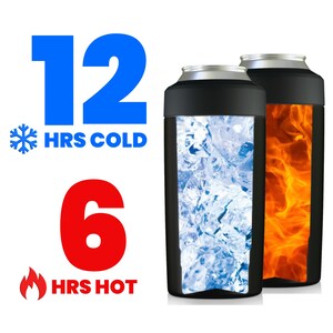 May include: Two black insulated beverage holders with silver rims. One shows ice, the other flames. Text indicates they keep drinks cold for 12 hours and hot for 6 hours.