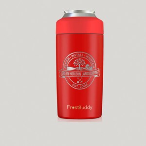 May include: A red insulated can cooler with a silver rim and a silver logo. The logo reads "Green Horizon Landscaping" with a tree graphic and the text "Design, Install, Maintain, Est. 2005". The text "FrostBuddy" is at the bottom.