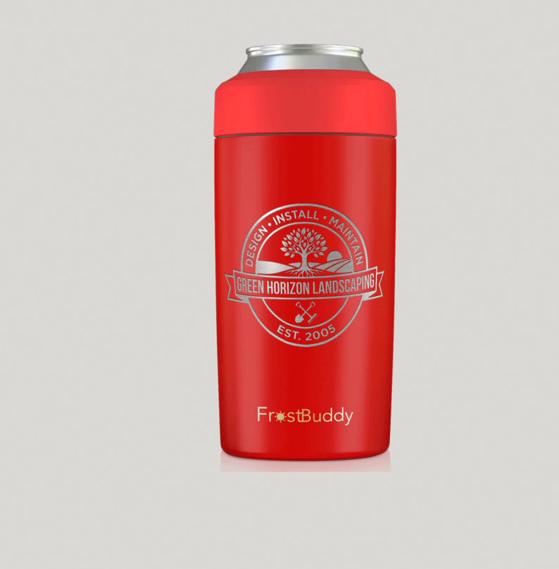 May include: A red insulated can cooler with a silver rim and a silver logo. The logo reads "Green Horizon Landscaping" with a tree graphic and the text "Design, Install, Maintain, Est. 2005". The text "FrostBuddy" is at the bottom.