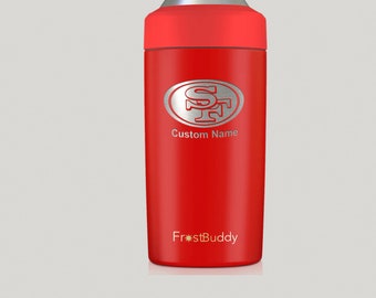 Frost Buddy - Enfriador de latas personalizado con grabado de los San Francisco 49ers. Se adapta a latas de 12 oz, latas delgadas, botellas y latas y botellas de 16 oz.