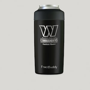 May include: Black insulated can cooler with a silver Washington Commanders logo and the text "Frost Buddy".