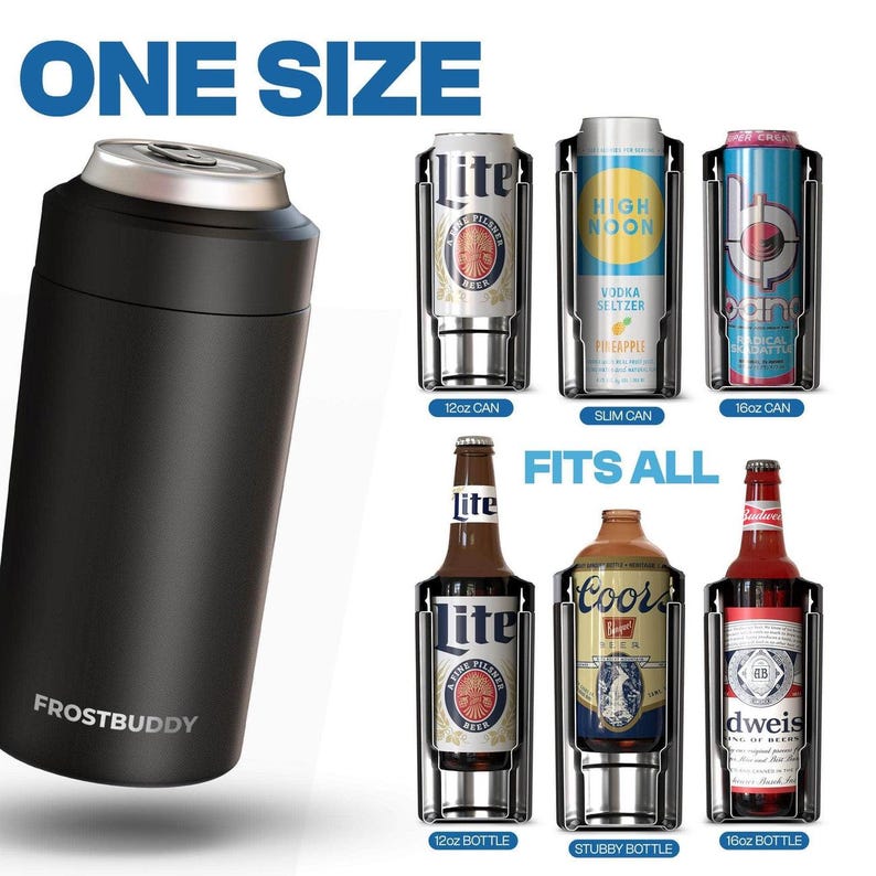 May include: Black insulated can cooler with the text "FROSTBUDDY" and "ONE SIZE". The image shows the cooler with various cans and bottles, including 12oz and 16oz cans, slim cans, and 12oz and stubby bottles.