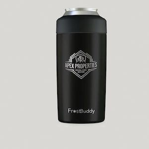 May include: A black FrostBuddy can cooler with a silver rim and a black top. The cooler features the Apex Properties logo in silver, along with the text "B2B Real Estate Solutions". The word "FrostBuddy" is printed at the bottom.