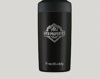 May include: A black FrostBuddy can cooler with a silver rim and a black top. The cooler features the Apex Properties logo in silver, along with the text "B2B Real Estate Solutions". The word "FrostBuddy" is printed at the bottom.