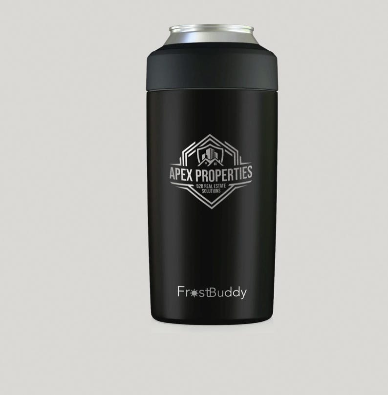 May include: A black FrostBuddy can cooler with a silver rim and a black top. The cooler features the Apex Properties logo in silver, along with the text "B2B Real Estate Solutions". The word "FrostBuddy" is printed at the bottom.