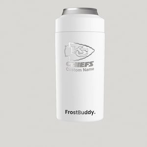 May include: White insulated can cooler with a silver Kansas City Chiefs logo and the text "CHIEFS" and "Custom Name". The cooler also has the text "FrostBuddy." printed on the bottom.