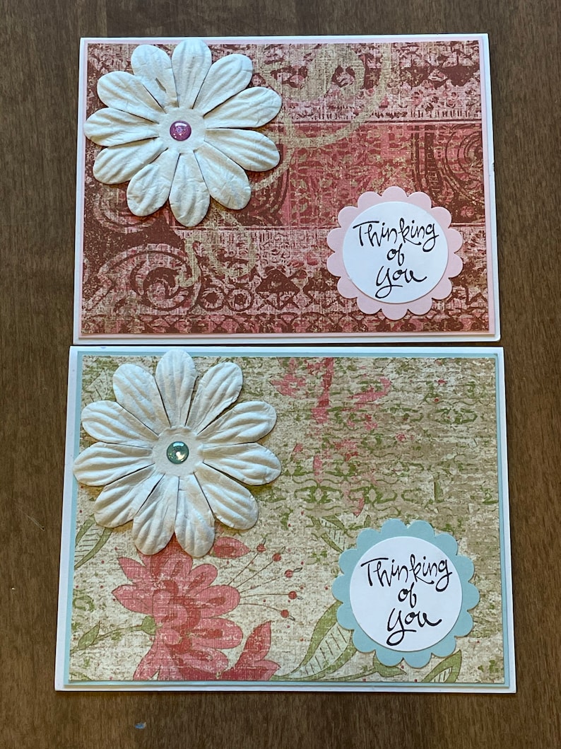 Set of 5 Thinking of you Sympathy Handmade Cards with Flowers and Glitter bead