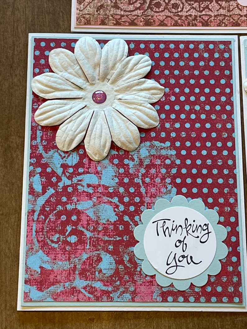 Set of 5 Thinking of you Sympathy Handmade Cards with Flowers and Glitter bead
