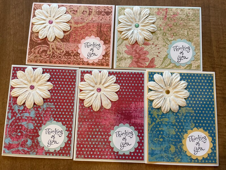 Set of 5 Thinking of you Sympathy Handmade Cards with Flowers and Glitter bead
