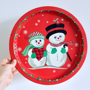 Kitsch Christmas Snowman Decorative Round Tray Retro Christmas, Kitsch Christmas, Metal Christmas Tray, Treats for Santa Tray, Kitsch Xmas image 1