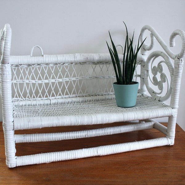 Retro White Wicker Rattan Shelf with Rail | Wicker Shelf, Tiki, Bohemian, Wicker Rattan Furniture, Trinket Shelf, Bathroom Shelf, Rail Shelf