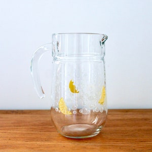 French Glass Pitcher Jug with a Lemon Illustration  | Alfresco Dining, Summer Party, Garden Summer Drinks, Glass Water Jug, French Glass