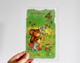 Retro 4th Birthday card | Retro Illustration, Cute Design, Sweet Verse, Kitsch Card, Retro Card, Happy 4th Birthday, Printed in England