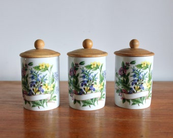 Three Floral Herb Jars by Royal Worcester, Made in England | Herb Jars, Floral Canister, Kitchen Storage Jars, Floral Kitchen, Retro Kitchen