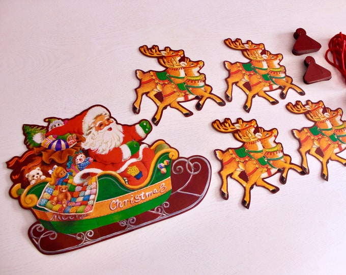 Santa Sleigh With Reindeer Cardboard Christmas Card Holder Retro