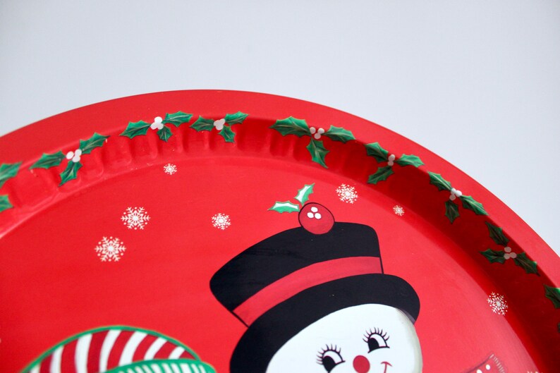 Kitsch Christmas Snowman Decorative Round Tray Retro Christmas, Kitsch Christmas, Metal Christmas Tray, Treats for Santa Tray, Kitsch Xmas image 4