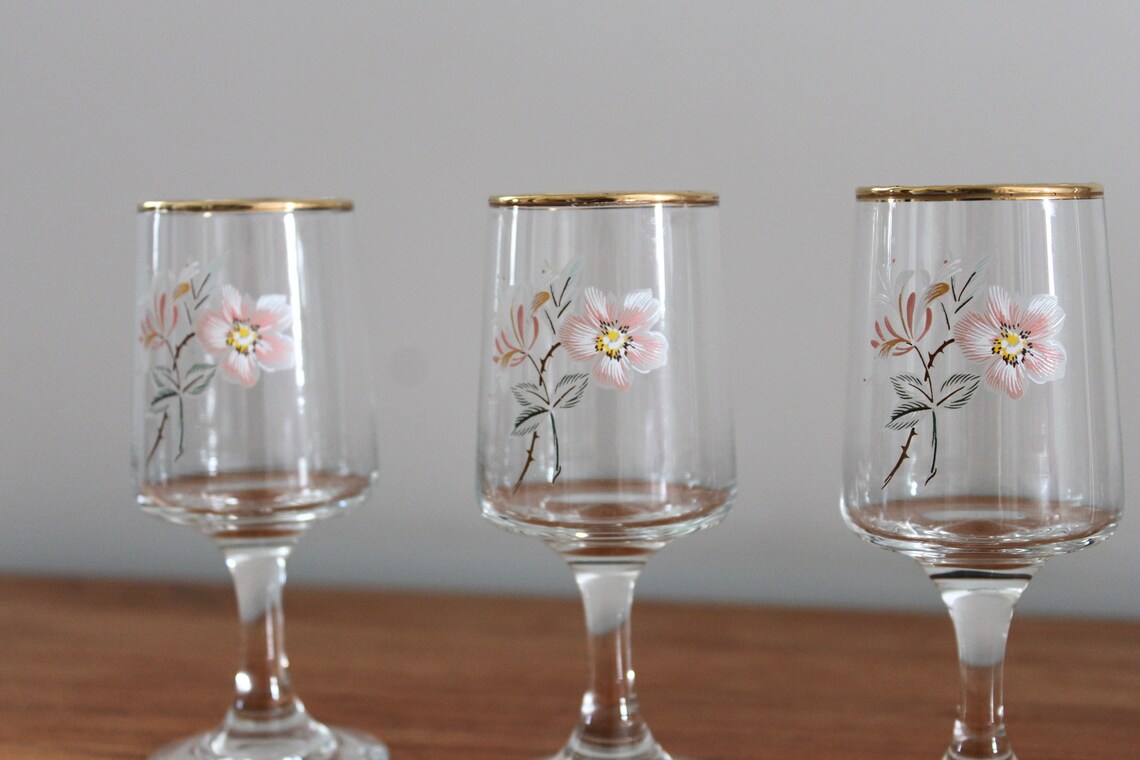 Small Vintage Sherry Glasses Set of Three With Delicate Floral Etsy