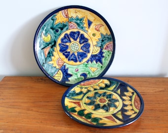 Pair of Wall Plates with Lovely Bright Colourful Etched illustrations, Made from Terracotta | Bohemian Home, Hand painted Plate,Sun Wall Art
