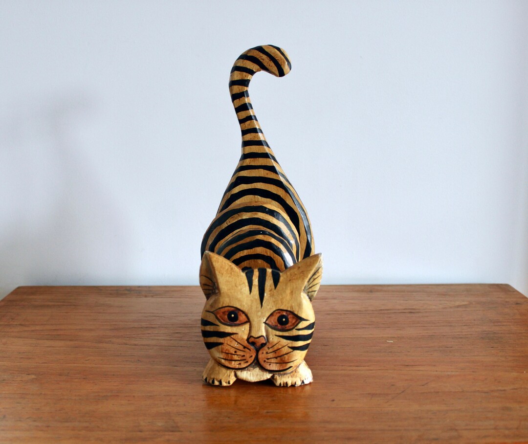 Hand Carved Indonesian Cat Letter Holder Cat Napkin Holder, Boho Home