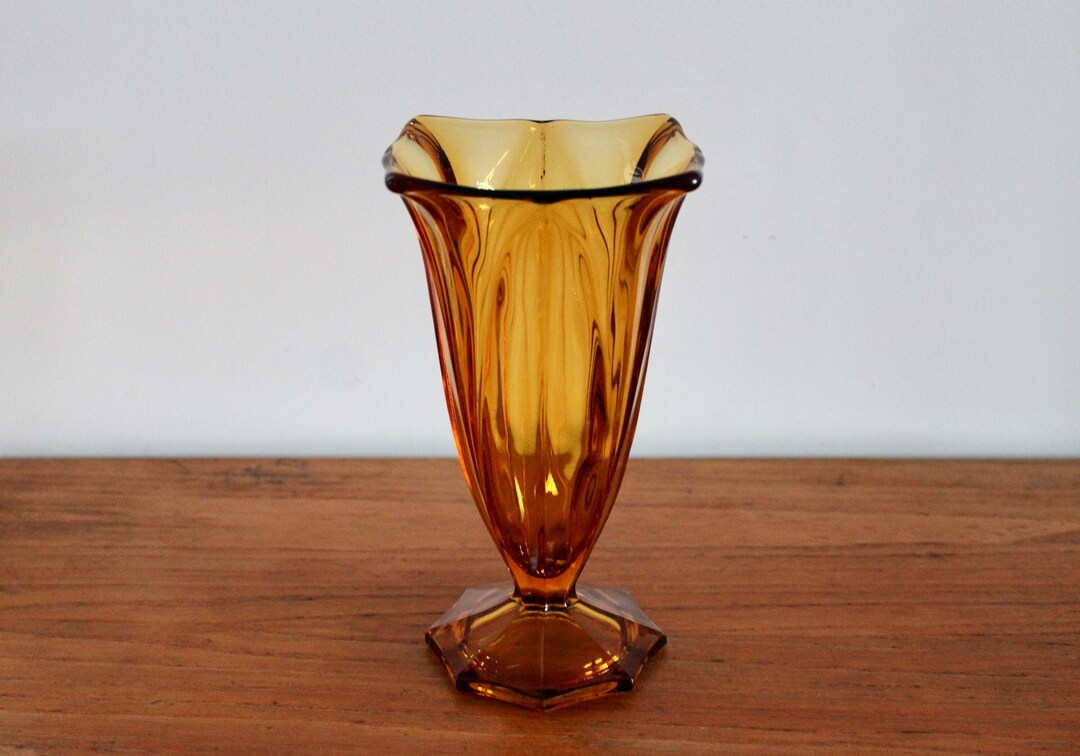 Vintage Amber Glass Vase 1930s Decorative Glass, Stem Vase, Retro Vase