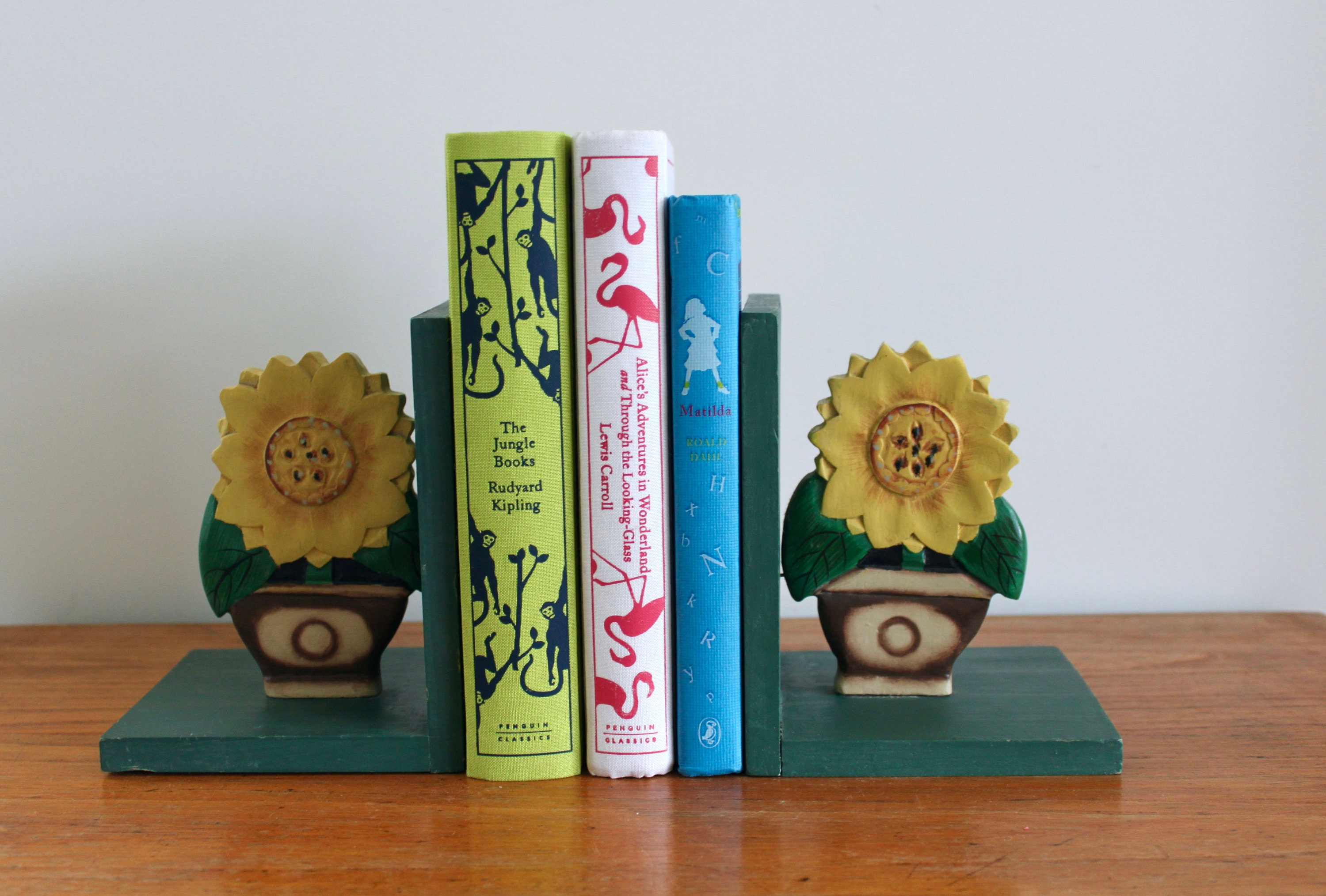 Retro Wooden Sunflower Bookends Handmade Wooden Bookends Etsy