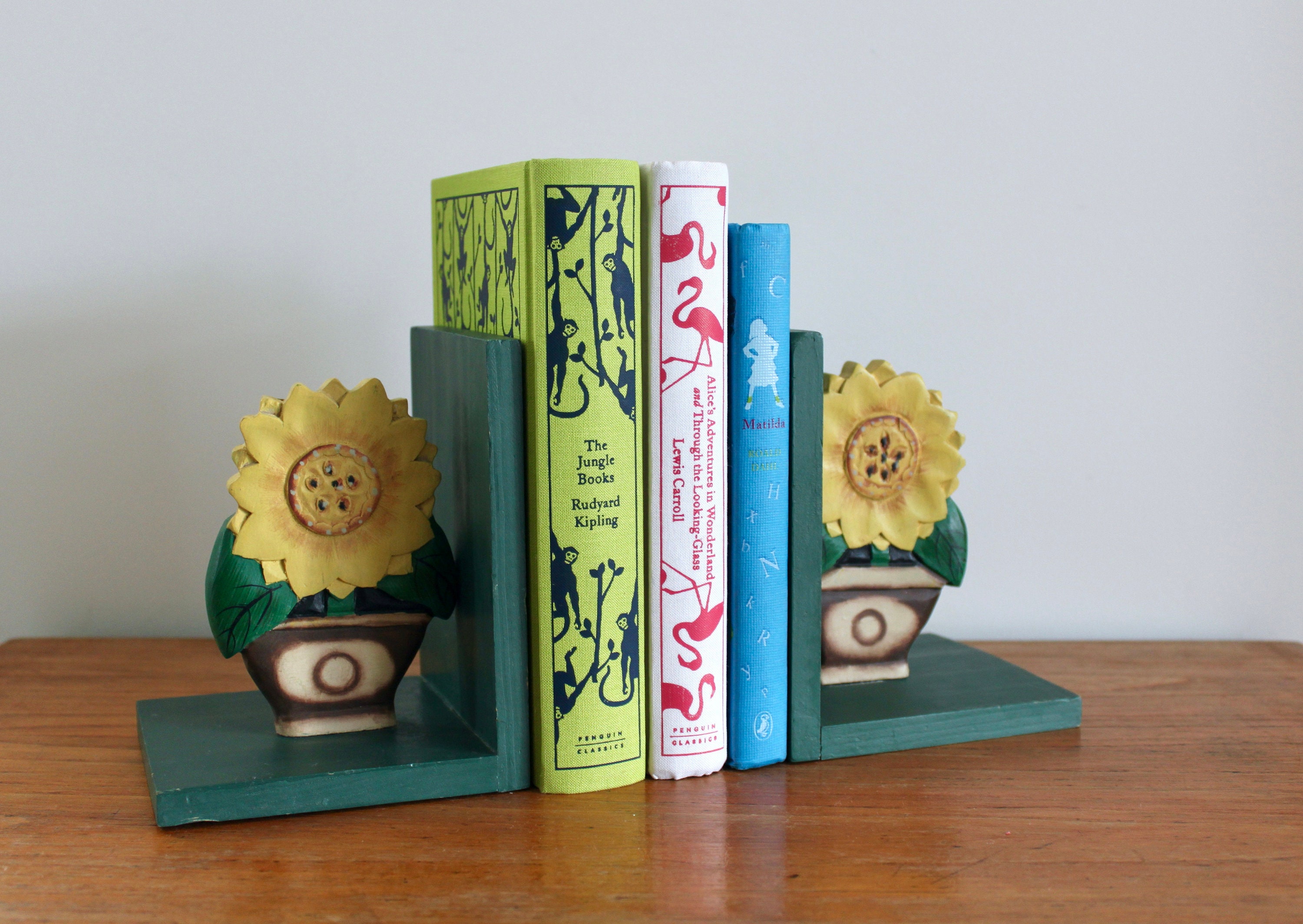 Retro Wooden Sunflower Bookends Handmade Wooden Bookends Etsy