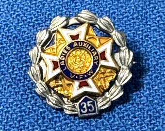 Pin de solapa antiguo de plata esterlina de la Auxiliar Femenina de la VFW con 35 años de antigüedad.