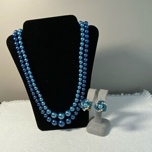 Vintage Japan Blue Bead Necklace and Clip On Earrings